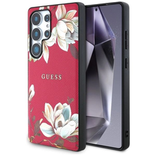 Guess HC mágneses PU szemcsés virágos classic logós tok Samsung Galaxy S25 Ultra-hoz fukszia