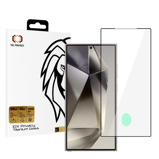 Samsung Galaxy S25 Ultra üvegfólia Tel Protect 10X Adatvédelmi Titán (ujjlenyomat-feloldással) teljfes fedés Samsung Galaxy S25 Ultra üvegfólia Tel Protect 10X Adatvédelmi Titán (ujjlenyomat-feloldással) teljfes fedés