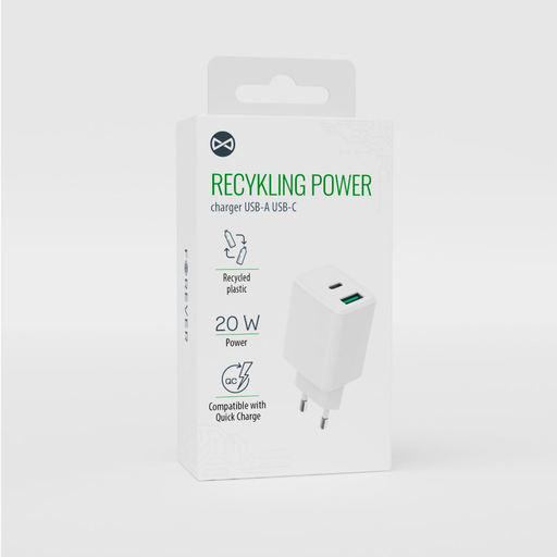Forever újrahasznosított fali töltő USB + USB-C 20W LSR20-AC-00 fehér