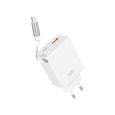 XO fali töltő CE31 1x USB 1x USB-C 30W fehér visszahúzható USB-C kábellel
