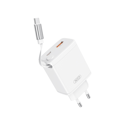 XO fali töltő CE31 1x USB 1x USB-C 30W fehér visszahúzható USB-C kábellel