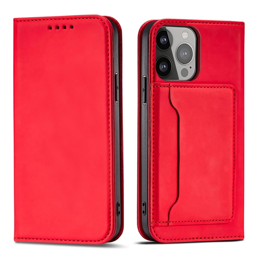 Magnet Card tok iPhone 14 Pro fliptok pénztárca állvánnyal piros Magnet Card tok iPhone 14 Pro fliptok pénztárca állvánnyal piros