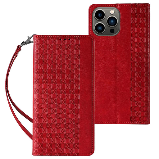 Magnet Strap tok iPhone 14 Pro tok piros fliptokkal, mini pánttal és állvánnyal Magnet Strap tok iPhone 14 Pro tok piros fliptokkal, mini pánttal és állvánnyal