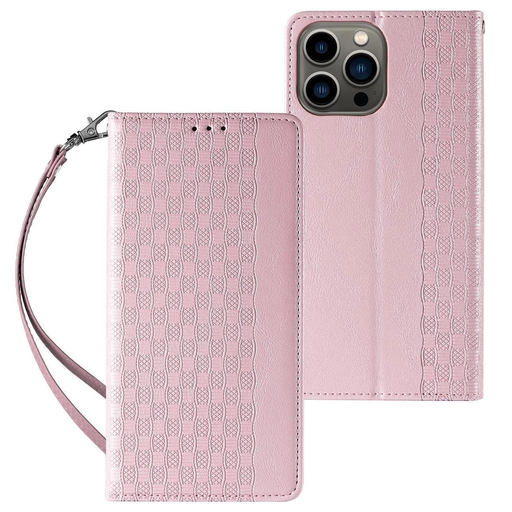Magnet Strap iPhone 14 Pro fliptok pénztárcával és mini pánttal, állvány pink tok Magnet Strap iPhone 14 Pro fliptok pénztárcával és mini pánttal, állvány pink tok