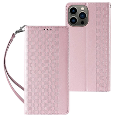 Magnet Strap iPhone 14 Pro fliptok pénztárcával és mini pánttal, állvány pink tok