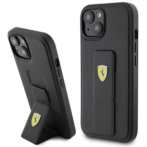 Ferrari Grip Stand Metal Logo tok iPhone 15 - fekete