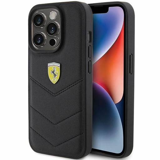 Ferrari Steppelt Fém Logó tok iPhone 15 Pro - fekete