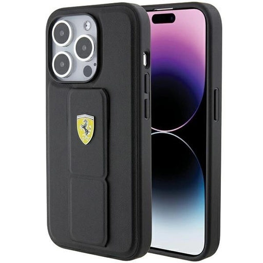 Ferrari Grip Stand Metal Logo tok iPhone 15 Pro - fekete Ferrari Grip Stand Metal Logo tok iPhone 15 Pro - fekete
