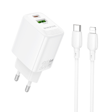 Borofone hálózati töltő BN27 Fuente - USB + Type-C - QC 3.0 PD 20W, Type-C Lightning kábellel fehér