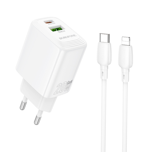 Borofone hálózati töltő BN27 Fuente - USB + Type-C - QC 3.0 PD 20W, Type-C Lightning kábellel fehér