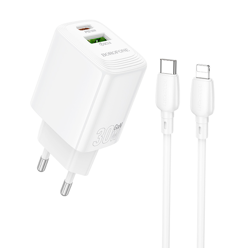 Borofone fali töltő BN29 Fuente - USB + Type C - QC 3.0 PD 30W Type C - Lightning kábel fehér