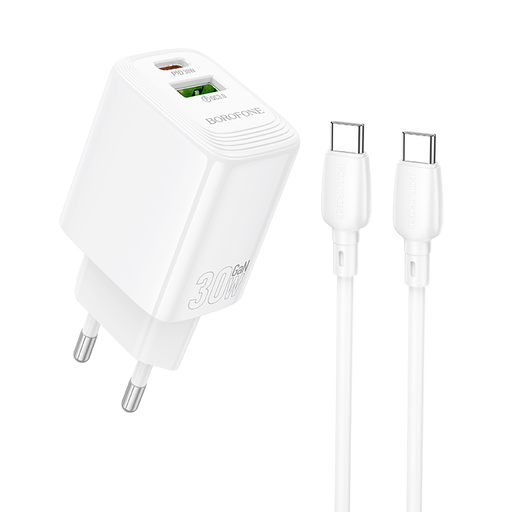 Borofone fali töltő BN29 Fuente - USB + Type C - QC 3.0 PD 30W Type C - Type C kábellel fehér GaN