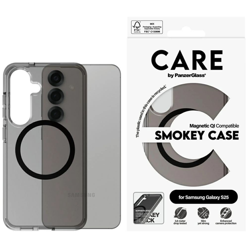 CARE by PanzerGlass Flagship Urban Combat Black QI tok Samsung Galaxy S25 - Félig átlátszó füst színű tok