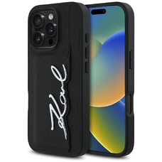 KARL LAGERFELD tok iPhone 16 Pro Max-hoz KLHCP16XPGPVKSK (Szemcsés PU kártyatartós fém aláírás) fekete tok