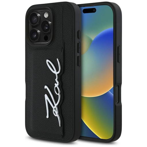 KARL LAGERFELD tok iPhone 16 Pro Max-hoz KLHCP16XPGPVKSK (Szemcsés PU kártyatartós fém aláírás) fekete tok KARL LAGERFELD tok iPhone 16 Pro Max-hoz KLHCP16XPGPVKSK (Szemcsés PU kártyatartós fém aláírás) fekete tok