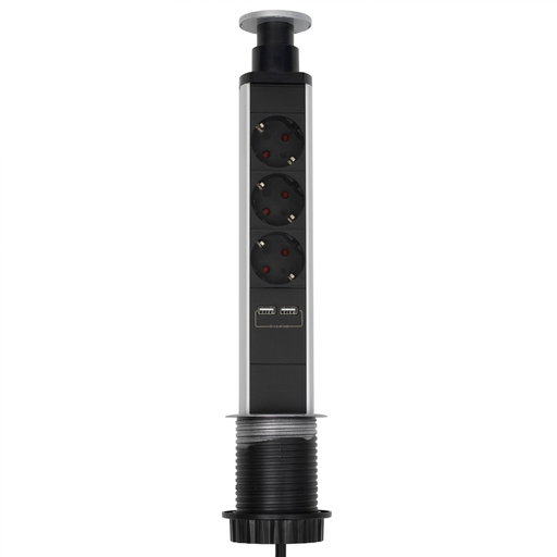 Home NVE 3/USB süllyesztett elosztó USB töltőaljzatokkal, 1,4 m, 3 földelt aljzat gyermekvédelemmel, asztalba, munkalapba építhető, süllyeszthető, max. 3680 W