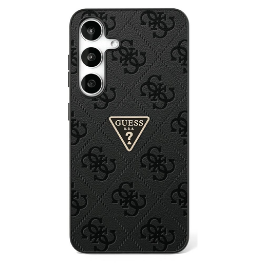 Eredeti Guess Hot Stamp 4G Minta Háromszög Fém Logó Samsung Galaxy S25 fekete tok Eredeti Guess Hot Stamp 4G Minta Háromszög Fém Logó Samsung Galaxy S25 fekete tok