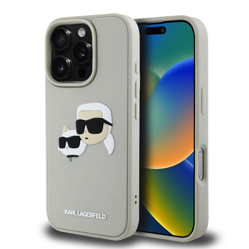 Karl Lagerfeld 3D Gumis Dupla Fejű iPhone 16 Pro tok Bézs Tok