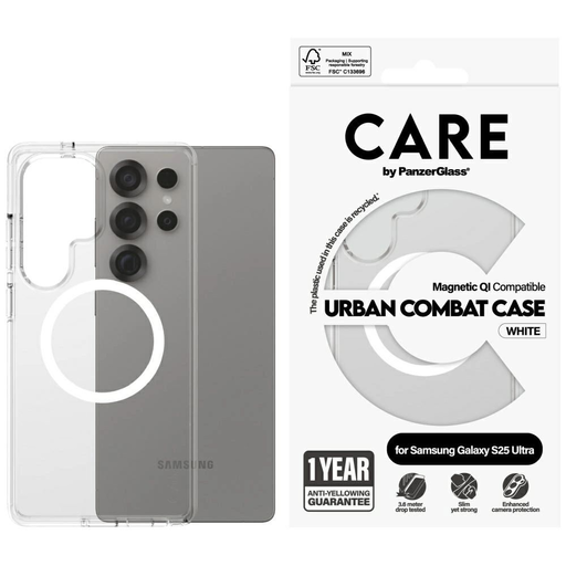 CARE by PanzerGlass Flagship Urban Combat Fehér QI Tok Samsung Galaxy S25 Ultra számára - Átlátszó tok