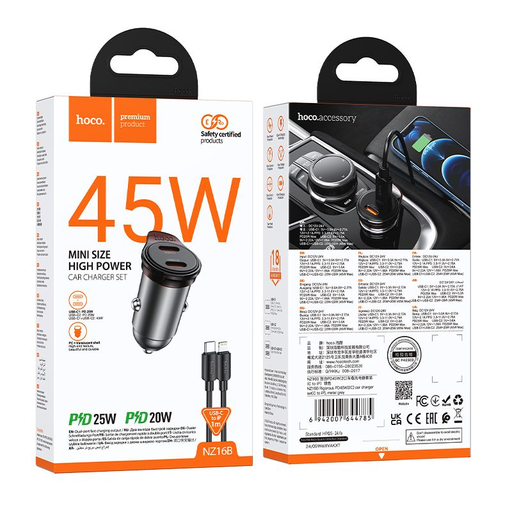 HOCO autós töltő 2 x Type C + kábel Type C - Lightning PD QC 45W NZ16B fém szürke