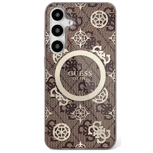 Guess 4G Background Gold Electroplated Peony Pattern MagSafe tok Samsung Galaxy S25-hez barna