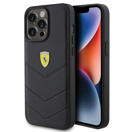 Ferrari Steppelt Fém Logó tok iPhone 15 Pro Max - fekete