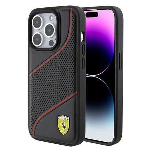 Ferrari Perforated Waves Metal Logo tok iPhone 15 Pro - fekete Ferrari Perforated Waves Metal Logo tok iPhone 15 Pro - fekete