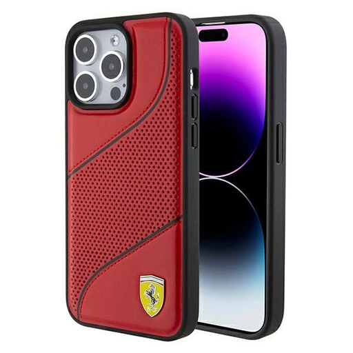 Ferrari Perforált Hullámok Fém Logós tok iPhone 15 Pro - piros