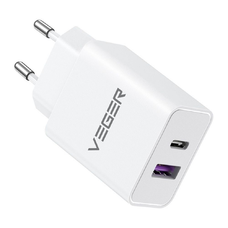 VEGER utazótöltő USB A + Type C PD QC3.0 3A 65W TCE650 fehér