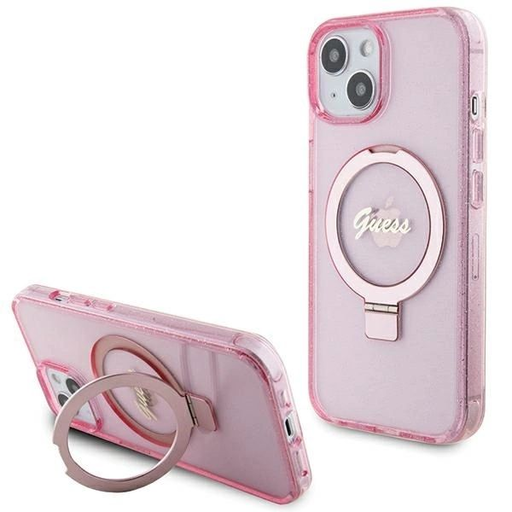 Guess Gyűrűs Állvány Script Csillogó Mágneses iPhone 15 és 14 Plus - rózsaszín tok Guess Gyűrűs Állvány Script Csillogó Mágneses iPhone 15 és 14 Plus - rózsaszín tok