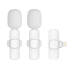 Vezeték nélküli lavalier mikrofon Lightning iPhone-hoz 2 db a készletben) K1 fehér szélvédővel Vezeték nélküli lavalier mikrofon Lightning iPhone-hoz 2 db a készletben) K1 fehér szélvédővel