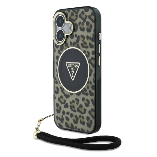 Guess IML Leopard Triangle Logo Strap MagSafe tok iPhone 16-hoz barna