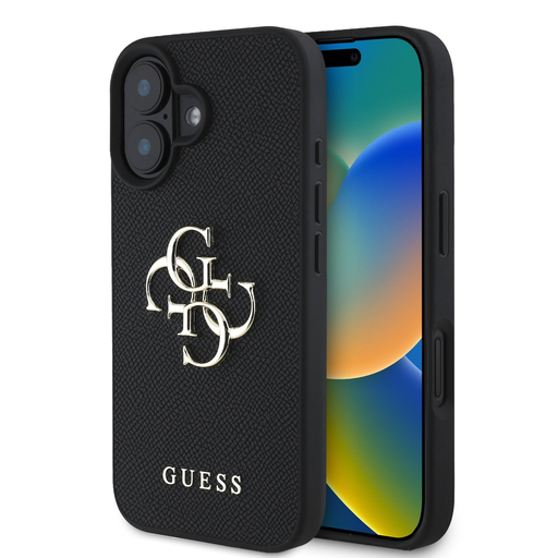 Guess PU Grained 4G Fém Logós Tok iPhone 16 Fekete