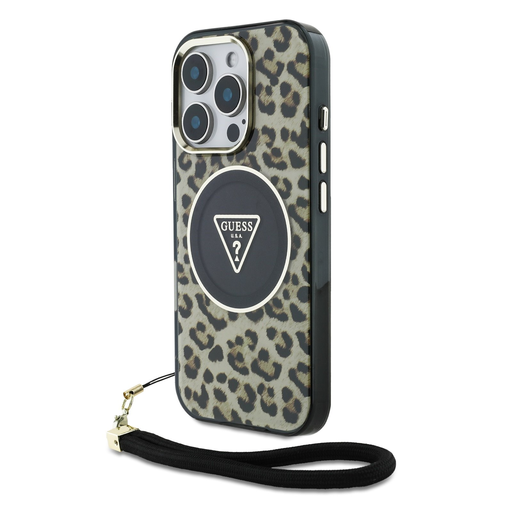 iPhone 16 Pro Max Guess IML Leopard Triangle Logo Strap MagSafe tok barna tok