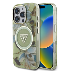 Guess IML Csillogó Magnolia és Háromszög Logó MagSafe tok iPhone 16 Pro zöld