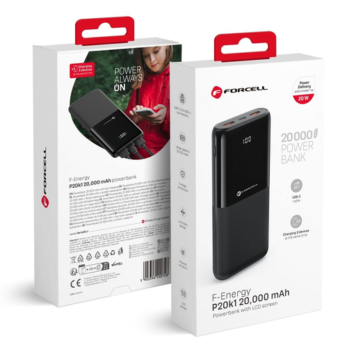 FORCELL F-ENERGY P20k1 powerbank PD QC3.0 3A 20W 20000 mAh fekete