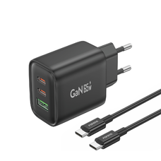 Foneng fali töltő GaN10-EU - USB + 2xType C - QC 4.0+ PD 65W Type C to Type C kábel fekete