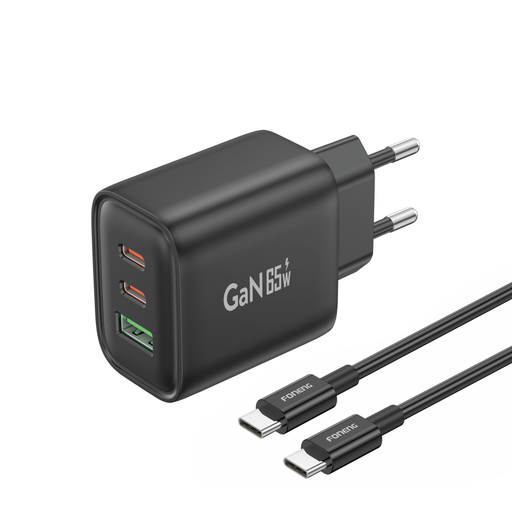 Foneng fali töltő GaN10-EU - USB + 2xType C - QC 4.0+ PD 65W Type C to Type C kábel fekete