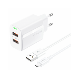 Foneng fali töltő EU63 - 2xUSB - 12W USB-Micro USB kábellel fehér