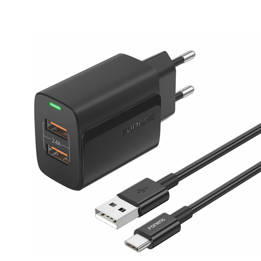 Foneng Wall charger EU63 - 2xUSB - 12W USB-C kábellel fekete,