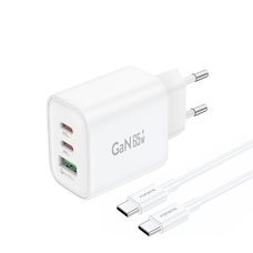 Foneng GaN10-EU hálózati töltő - USB + 2xType C - QC 4.0+ PD 65W Type C-C kábellel fehér