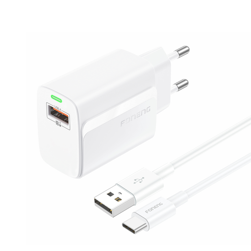 Foneng Fali töltő EU64 - USB - 18W USB - Type C kábellel fehér