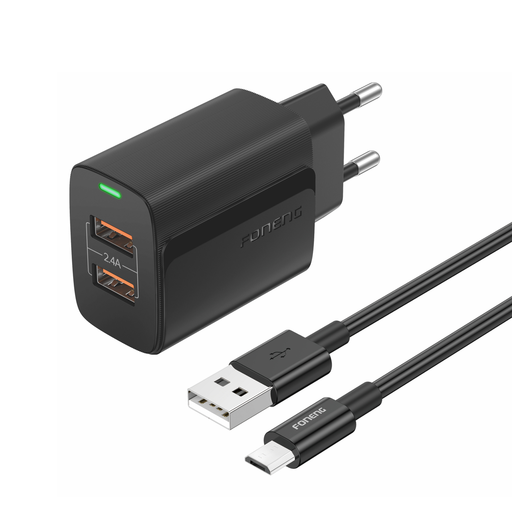 Foneng Falitöltő EU63 - 2xUSB - 12W USB-Micro USB kábellel fekete