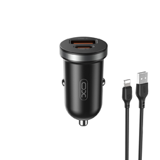 XO autós töltő CC56 PD 30W QC 1x USB 1x USB-C fekete + USB - Lightning kábel