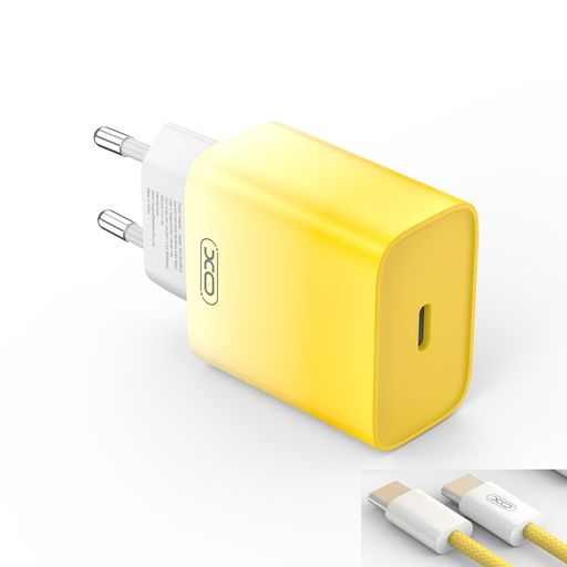 XO fali töltő CE18 PD 30W 1x USB-C sárga-fehér + kábel USB-C - USB-C