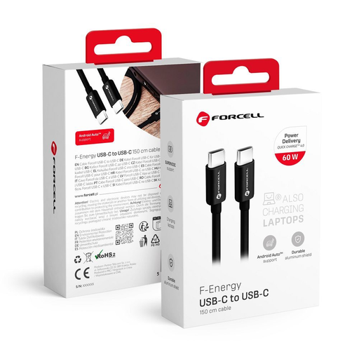 FORCELL F-ENERGY C338 kábel Type C - Type C PD QC4.0 3A 60W 1,5 m fekete