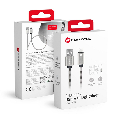 FORCELL F-ENERGY Metal C236 kábel USB A Lightning 2,4A 12W 1 m ezüst,