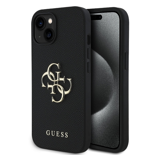 Guess PU Grained 4G Fém Logós tok iPhone 15-höz Fekete Guess PU Grained 4G Fém Logós tok iPhone 15-höz Fekete