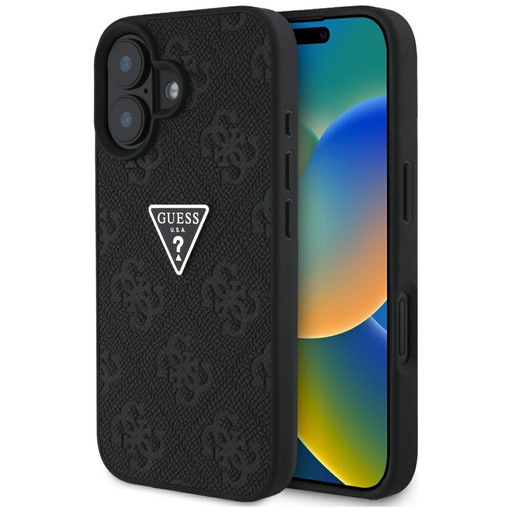 Guess PU Grained Hot Stamp 4G Triangle Metal Fekete tok iPhone 16 6,1 Guess PU Grained Hot Stamp 4G Triangle Metal Fekete tok iPhone 16 6,1