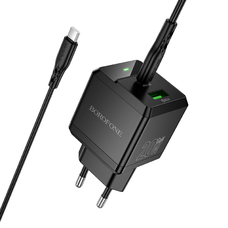 Borofone hálózati töltő BN19 Intenso GaN - USB + Type C - PD 20W QC 3.0 3A Type C - Type C kábellel fekete